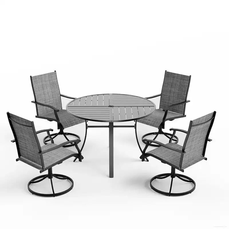 Ensemble de salle à manger EROMMY 5 pièces, table et chaises de salle à manger d'extérieur pour 4 personnes, 4 chaises pivotantes, 1 table ronde en fer avec trou pour parasol réglable