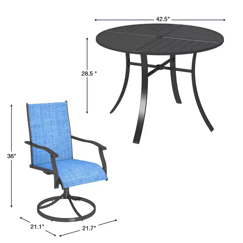 Ensemble de salle à manger EROMMY 5 pièces, table et chaises de salle à manger d'extérieur pour 4 personnes, 4 chaises pivotantes, 1 table ronde en fer avec trou pour parasol réglable