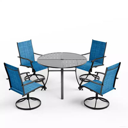 Ensemble de salle à manger EROMMY 5 pièces, table et chaises de salle à manger d'extérieur pour 4 personnes, 4 chaises pivotantes, 1 table ronde en fer avec trou pour parasol réglable