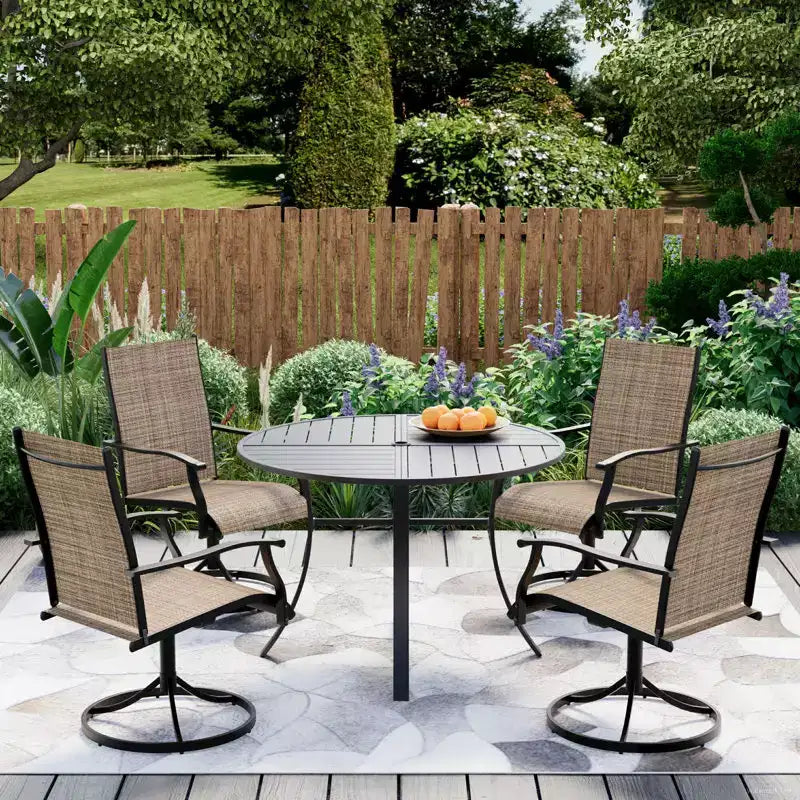 Ensemble de salle à manger EROMMY 5 pièces, table et chaises de salle à manger d'extérieur pour 4 personnes, 4 chaises pivotantes, 1 table ronde en fer avec trou pour parasol réglable