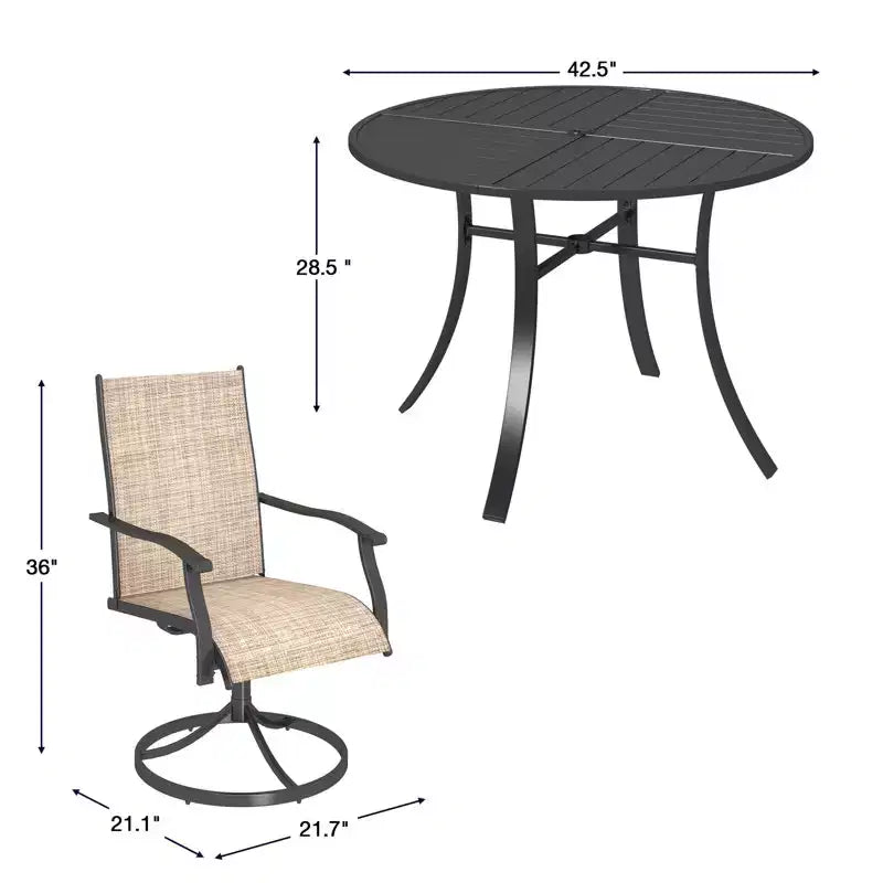 Ensemble de salle à manger EROMMY 5 pièces, table et chaises de salle à manger d'extérieur pour 4 personnes, 4 chaises pivotantes, 1 table ronde en fer avec trou pour parasol réglable