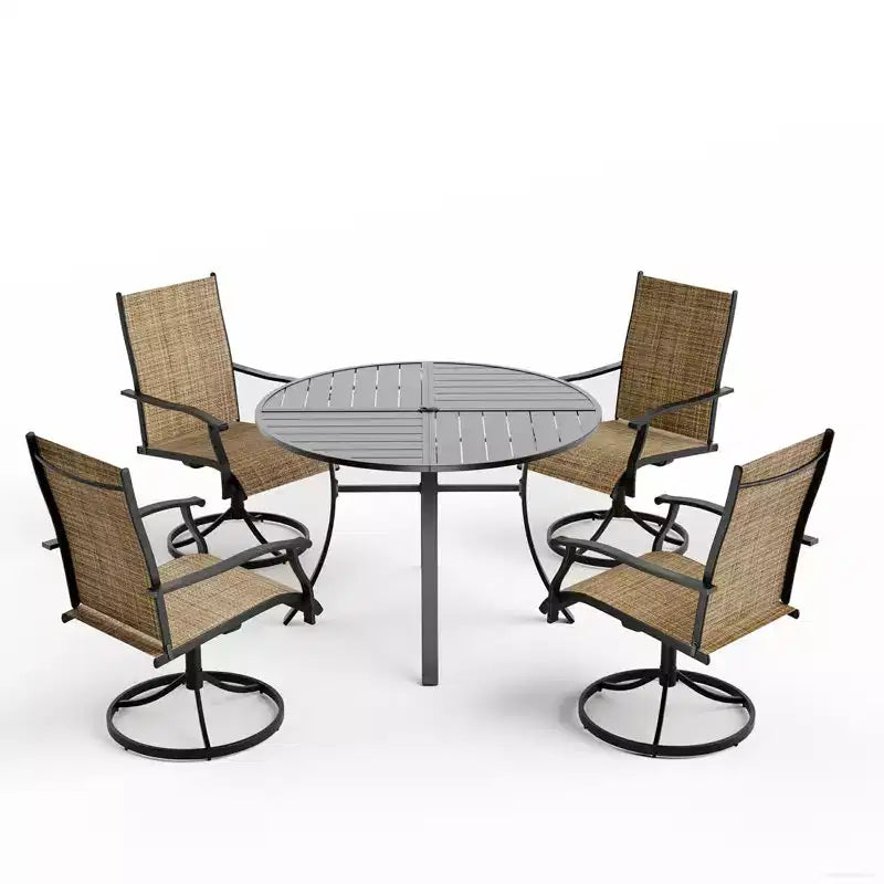 Ensemble de salle à manger EROMMY 5 pièces, table et chaises de salle à manger d'extérieur pour 4 personnes, 4 chaises pivotantes, 1 table ronde en fer avec trou pour parasol réglable