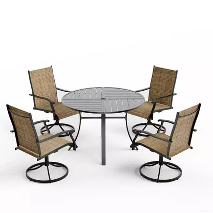 Ensemble de salle à manger EROMMY 5 pièces, table et chaises de salle à manger d'extérieur pour 4 personnes, 4 chaises pivotantes, 1 table ronde en fer avec trou pour parasol réglable