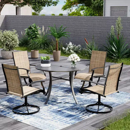 EROMMY 5 Piece Patio Dining Set, Outdoor Dining Table And Chairs Set For 4, 4 Swivel Chairs, 1 Iron Round Table With Adjustable Umbrella Hole