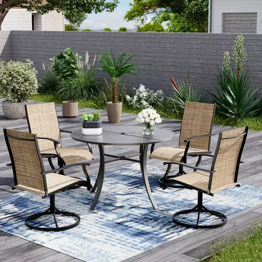 EROMMY 5 Piece Patio Dining Set, Outdoor Dining Table And Chairs Set For 4, 4 Swivel Chairs, 1 Iron Round Table With Adjustable Umbrella Hole