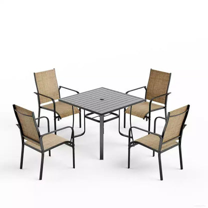 EROMMY Ensemble de salle à manger de jardin 5 pièces, Ensemble de table et chaises de jardin pour 4 personnes, 4 chaises en textilène, 1 table carrée en fer, Ensemble de mobilier de jardin pour terrasse