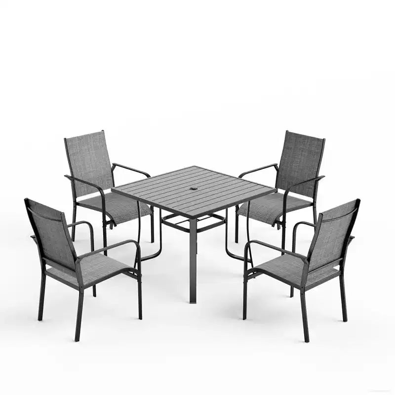 EROMMY Ensemble de salle à manger de jardin 5 pièces, Ensemble de table et chaises de jardin pour 4 personnes, 4 chaises en textilène, 1 table carrée en fer, Ensemble de mobilier de jardin pour terrasse