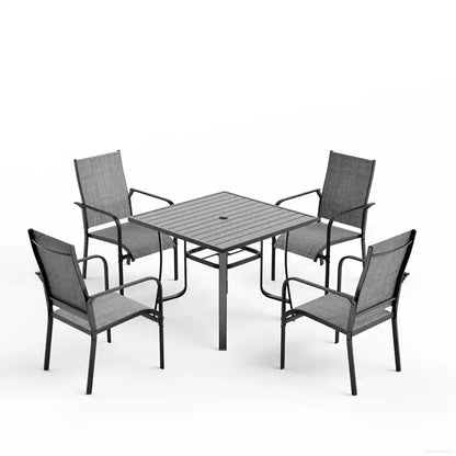 EROMMY Ensemble de salle à manger de jardin 5 pièces, Ensemble de table et chaises de jardin pour 4 personnes, 4 chaises en textilène, 1 table carrée en fer, Ensemble de mobilier de jardin pour terrasse
