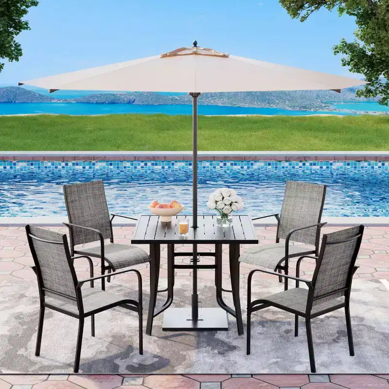 EROMMY Ensemble de salle à manger de jardin 5 pièces, Ensemble de table et chaises de jardin pour 4 personnes, 4 chaises en textilène, 1 table carrée en fer, Ensemble de mobilier de jardin pour terrasse