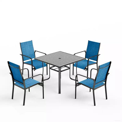 EROMMY Ensemble de salle à manger de jardin 5 pièces, Ensemble de table et chaises de jardin pour 4 personnes, 4 chaises en textilène, 1 table carrée en fer, Ensemble de mobilier de jardin pour terrasse