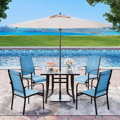 EROMMY Ensemble de salle à manger de jardin 5 pièces, Ensemble de table et chaises de jardin pour 4 personnes, 4 chaises en textilène, 1 table carrée en fer, Ensemble de mobilier de jardin pour terrasse