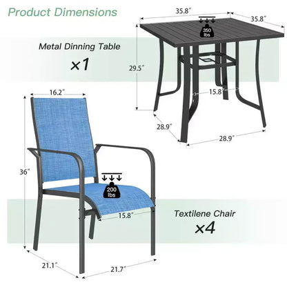 EROMMY Ensemble de salle à manger de jardin 5 pièces, Ensemble de table et chaises de jardin pour 4 personnes, 4 chaises en textilène, 1 table carrée en fer, Ensemble de mobilier de jardin pour terrasse