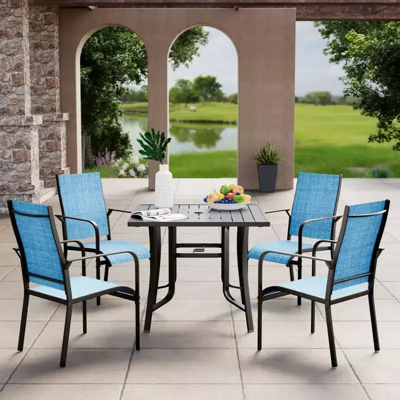 EROMMY Ensemble de salle à manger de jardin 5 pièces, Ensemble de table et chaises de jardin pour 4 personnes, 4 chaises en textilène, 1 table carrée en fer, Ensemble de mobilier de jardin pour terrasse