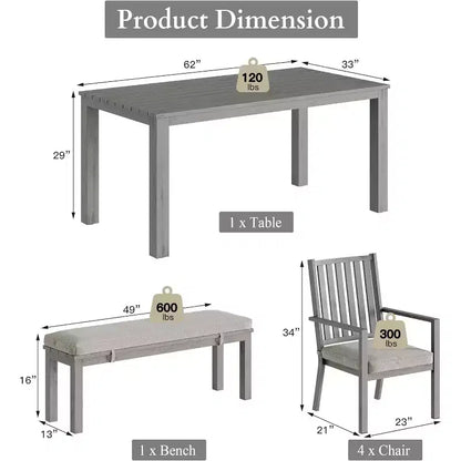 Heynemo Set da pranzo da 6 pezzi per esterni, tavolo da pranzo in alluminio con 4 sedie e panca, set di mobili da pranzo per patio con cuscini rimovibili