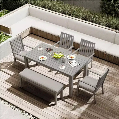 Heynemo Set da pranzo da 6 pezzi per esterni, tavolo da pranzo in alluminio con 4 sedie e panca, set di mobili da pranzo per patio con cuscini rimovibili