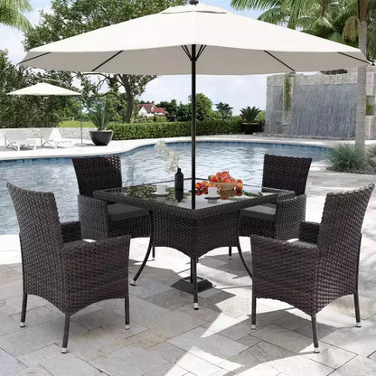 ALAULM Ensemble de mobilier de patio pour l'extérieur, ensemble de table et chaises de salle à manger de patio en rotin en osier, table carrée en verre trempé avec ensemble parapluie