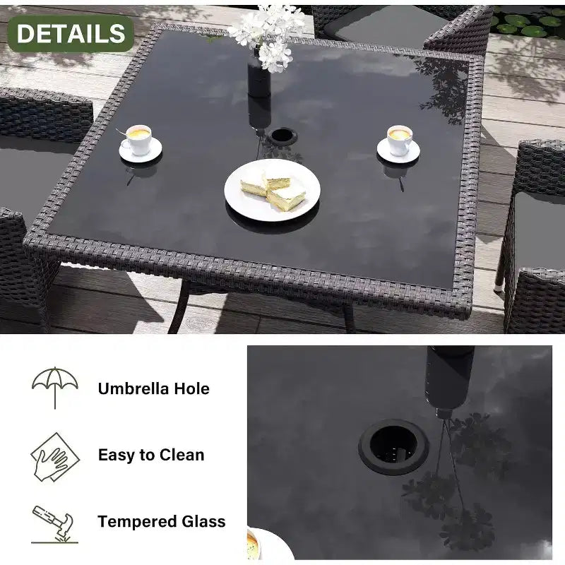 ALAULM Ensemble de mobilier de patio pour l'extérieur, ensemble de table et chaises de salle à manger de patio en rotin en osier, table carrée en verre trempé avec ensemble parapluie