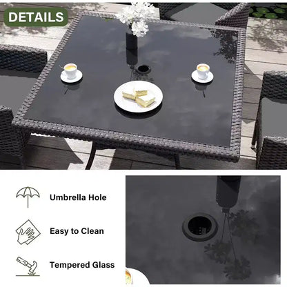 ALAULM Ensemble de mobilier de patio pour l'extérieur, ensemble de table et chaises de salle à manger de patio en rotin en osier, table carrée en verre trempé avec ensemble parapluie