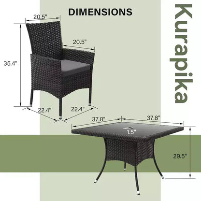 ALAULM Ensemble de mobilier de patio pour l'extérieur, ensemble de table et chaises de salle à manger de patio en rotin en osier, table carrée en verre trempé avec ensemble parapluie