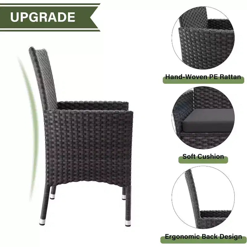 ALAULM Ensemble de mobilier de patio pour l'extérieur, ensemble de table et chaises de salle à manger de patio en rotin en osier, table carrée en verre trempé avec ensemble parapluie