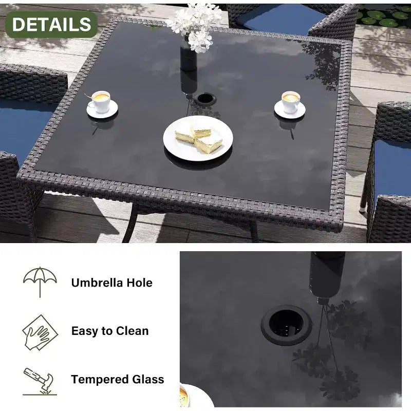 ALAULM Ensemble de mobilier de patio pour l'extérieur, ensemble de table et chaises de salle à manger de patio en rotin en osier, table carrée en verre trempé avec ensemble parapluie