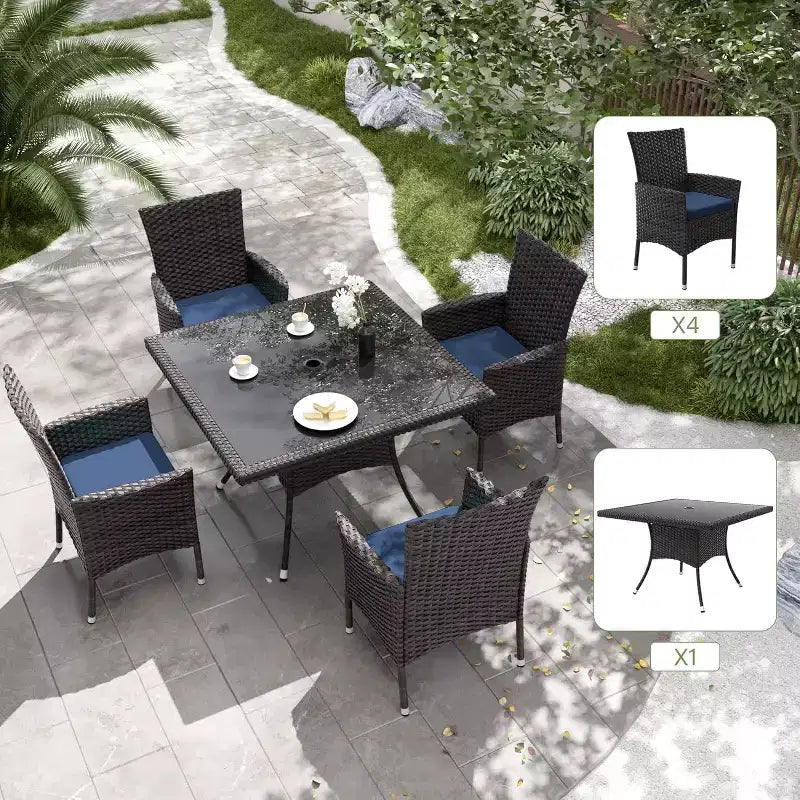 ALAULM Ensemble de mobilier de patio pour l'extérieur, ensemble de table et chaises de salle à manger de patio en rotin en osier, table carrée en verre trempé avec ensemble parapluie