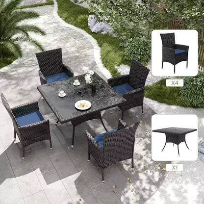 ALAULM Ensemble de mobilier de patio pour l'extérieur, ensemble de table et chaises de salle à manger de patio en rotin en osier, table carrée en verre trempé avec ensemble parapluie