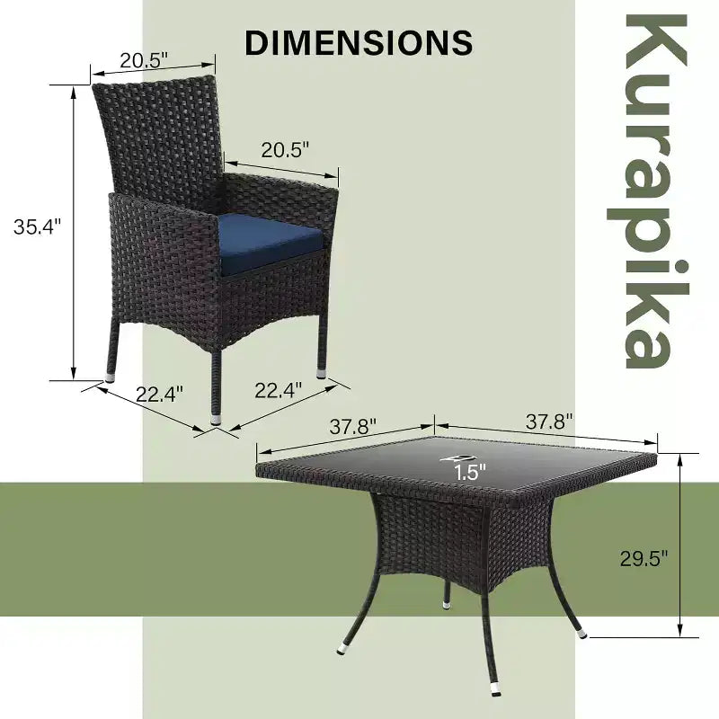 ALAULM Ensemble de mobilier de patio pour l'extérieur, ensemble de table et chaises de salle à manger de patio en rotin en osier, table carrée en verre trempé avec ensemble parapluie