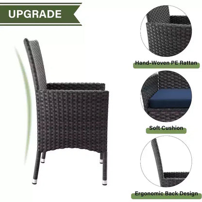 ALAULM Ensemble de mobilier de patio pour l'extérieur, ensemble de table et chaises de salle à manger de patio en rotin en osier, table carrée en verre trempé avec ensemble parapluie