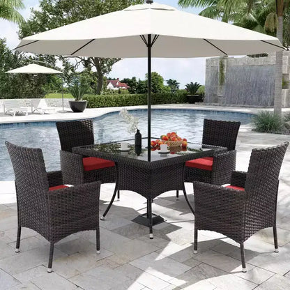 ALAULM Ensemble de mobilier de patio pour l'extérieur, ensemble de table et chaises de salle à manger de patio en rotin en osier, table carrée en verre trempé avec ensemble parapluie