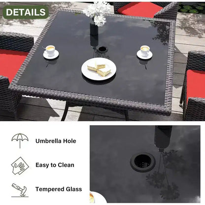 ALAULM Ensemble de mobilier de patio pour l'extérieur, ensemble de table et chaises de salle à manger de patio en rotin en osier, table carrée en verre trempé avec ensemble parapluie
