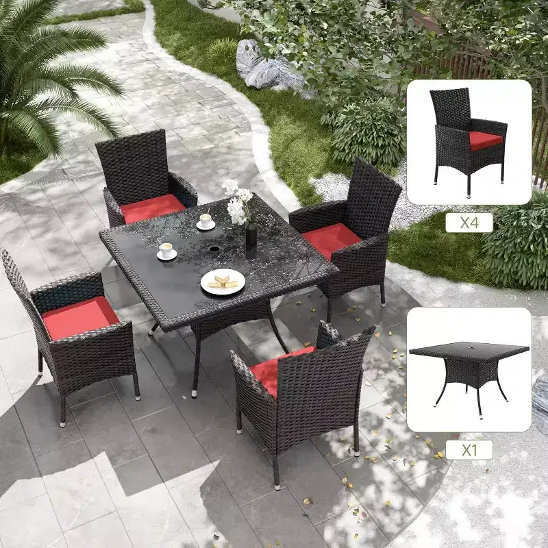ALAULM Ensemble de mobilier de patio pour l'extérieur, ensemble de table et chaises de salle à manger de patio en rotin en osier, table carrée en verre trempé avec ensemble parapluie