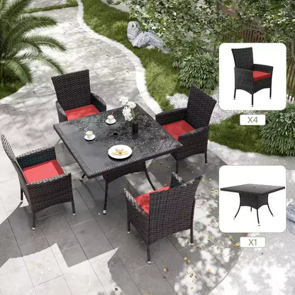 ALAULM Ensemble de mobilier de patio pour l'extérieur, ensemble de table et chaises de salle à manger de patio en rotin en osier, table carrée en verre trempé avec ensemble parapluie