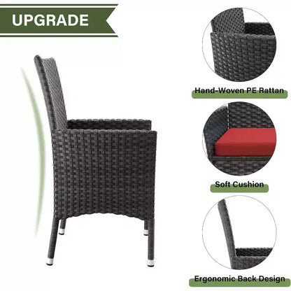 ALAULM Ensemble de mobilier de patio pour l'extérieur, ensemble de table et chaises de salle à manger de patio en rotin en osier, table carrée en verre trempé avec ensemble parapluie