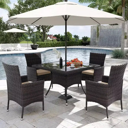 ALAULM Ensemble de mobilier de patio pour l'extérieur, ensemble de table et chaises de salle à manger de patio en rotin en osier, table carrée en verre trempé avec ensemble parapluie
