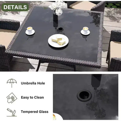 ALAULM Ensemble de mobilier de patio pour l'extérieur, ensemble de table et chaises de salle à manger de patio en rotin en osier, table carrée en verre trempé avec ensemble parapluie