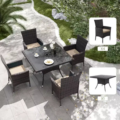 ALAULM Ensemble de mobilier de patio pour l'extérieur, ensemble de table et chaises de salle à manger de patio en rotin en osier, table carrée en verre trempé avec ensemble parapluie