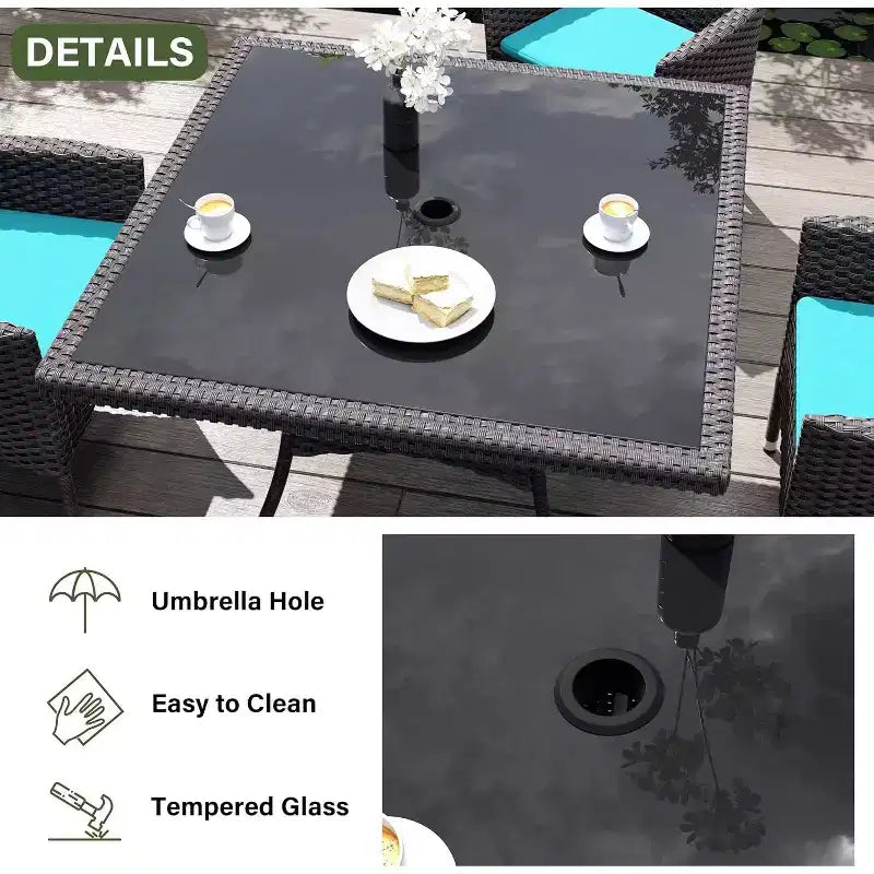 ALAULM Ensemble de mobilier de patio pour l'extérieur, ensemble de table et chaises de salle à manger de patio en rotin en osier, table carrée en verre trempé avec ensemble parapluie