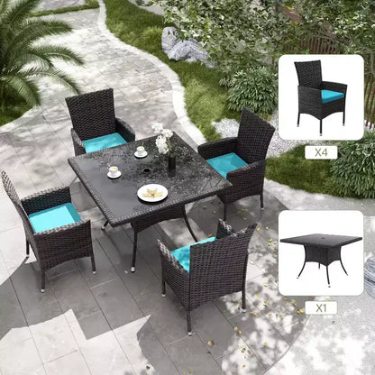 ALAULM Ensemble de mobilier de patio pour l'extérieur, ensemble de table et chaises de salle à manger de patio en rotin en osier, table carrée en verre trempé avec ensemble parapluie