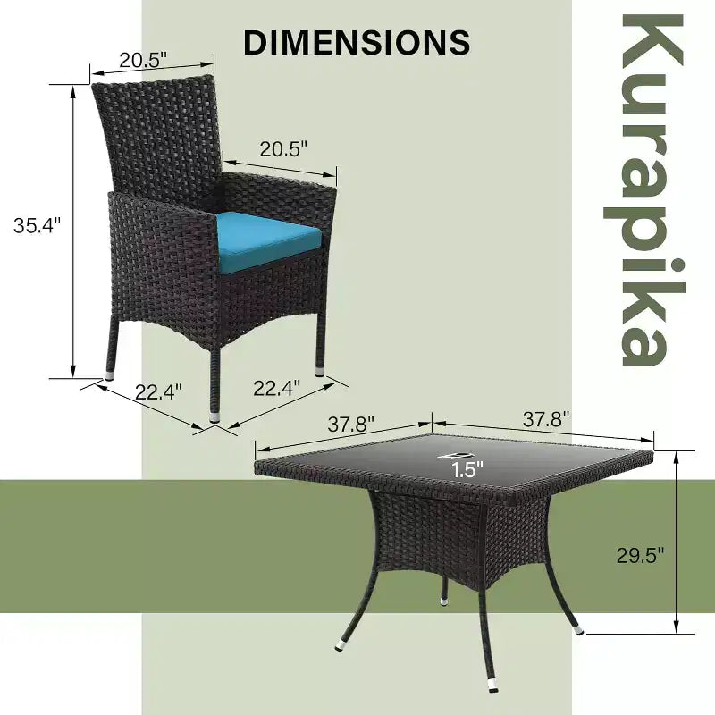 ALAULM Ensemble de mobilier de patio pour l'extérieur, ensemble de table et chaises de salle à manger de patio en rotin en osier, table carrée en verre trempé avec ensemble parapluie