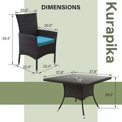 ALAULM Ensemble de mobilier de patio pour l'extérieur, ensemble de table et chaises de salle à manger de patio en rotin en osier, table carrée en verre trempé avec ensemble parapluie