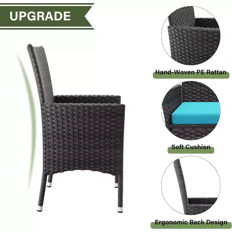 ALAULM Ensemble de mobilier de patio pour l'extérieur, ensemble de table et chaises de salle à manger de patio en rotin en osier, table carrée en verre trempé avec ensemble parapluie
