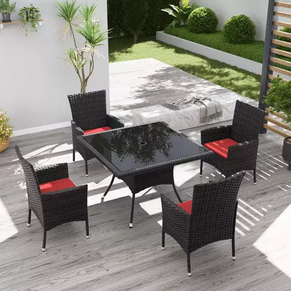 ALAULM Ensemble de mobilier de patio pour l'extérieur, ensemble de table et chaises de salle à manger de patio en rotin en osier, table carrée en verre trempé avec ensemble parapluie