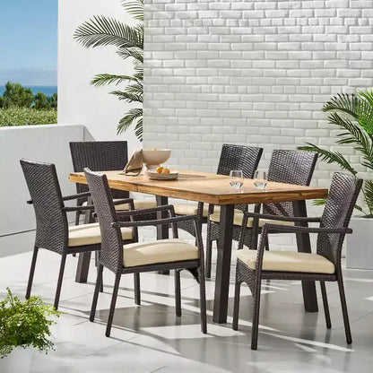 Christopher Knight Home Goleta Ensemble de salle à manger d'extérieur 7 pièces en bois d'acacia et osier avec coussins, naturel, marron et crème