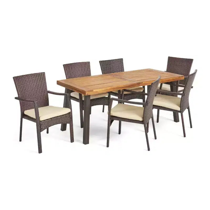 Christopher Knight Home Goleta Ensemble de salle à manger d'extérieur 7 pièces en bois d'acacia et osier avec coussins, naturel, marron et crème