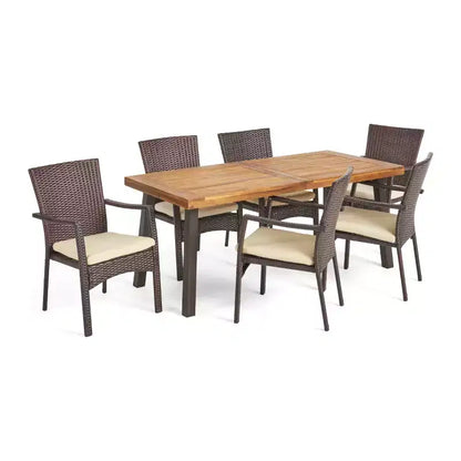 Christopher Knight Home Goleta Ensemble de salle à manger d'extérieur 7 pièces en bois d'acacia et osier avec coussins, naturel, marron et crème