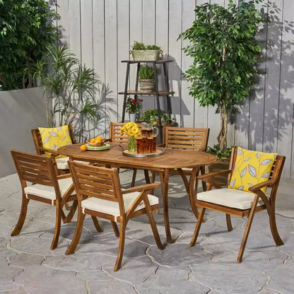 Set da pranzo Zhana per esterni in legno di acacia a 7 pezzi con cuscino di GDFStudio