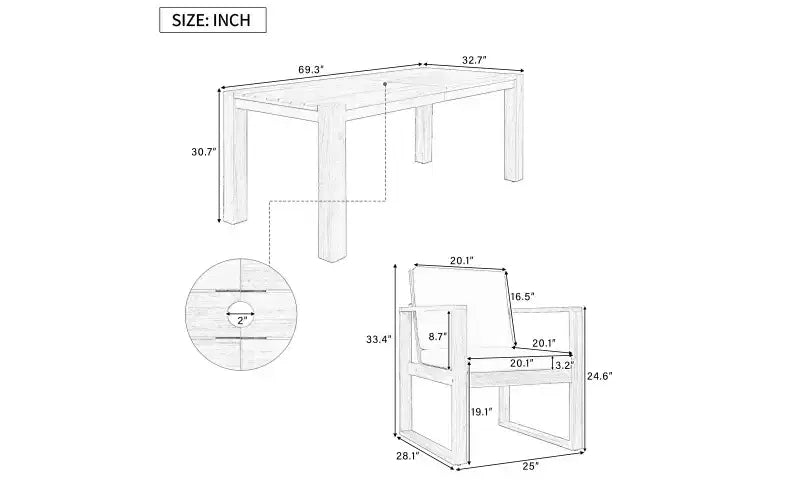 Ensemble de salle à manger d'extérieur Whisen 7 pièces en bois d'acacia - 6 places avec coussins amovibles, ensemble de meubles d'extérieur avec trou pour parasol