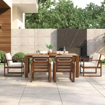 Ensemble de salle à manger d'extérieur Whisen 7 pièces en bois d'acacia - 6 places avec coussins amovibles, ensemble de meubles d'extérieur avec trou pour parasol
