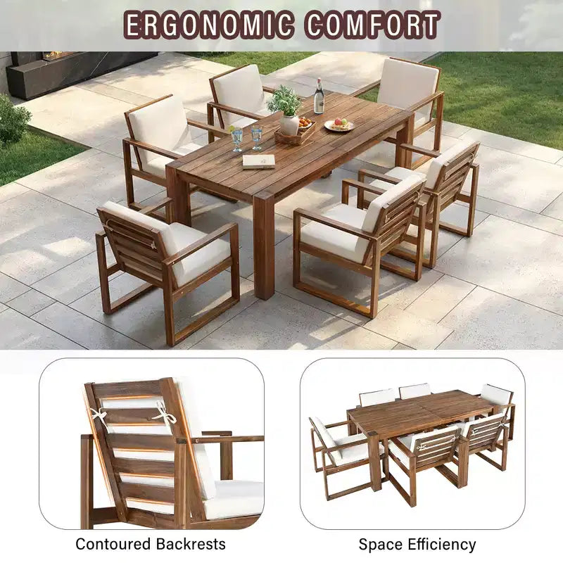 Ensemble de salle à manger d'extérieur Whisen 7 pièces en bois d'acacia - 6 places avec coussins amovibles, ensemble de meubles d'extérieur avec trou pour parasol